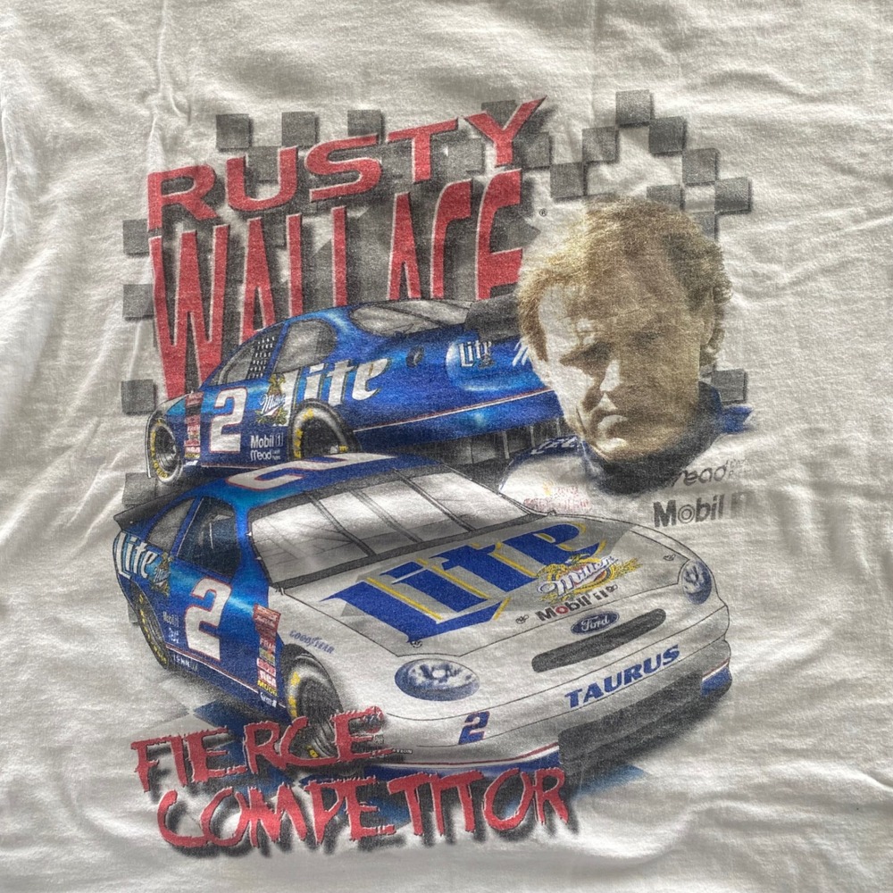Vintage Rusty Wallace NASCAR Miller Lite Racing T-Shirt White Large